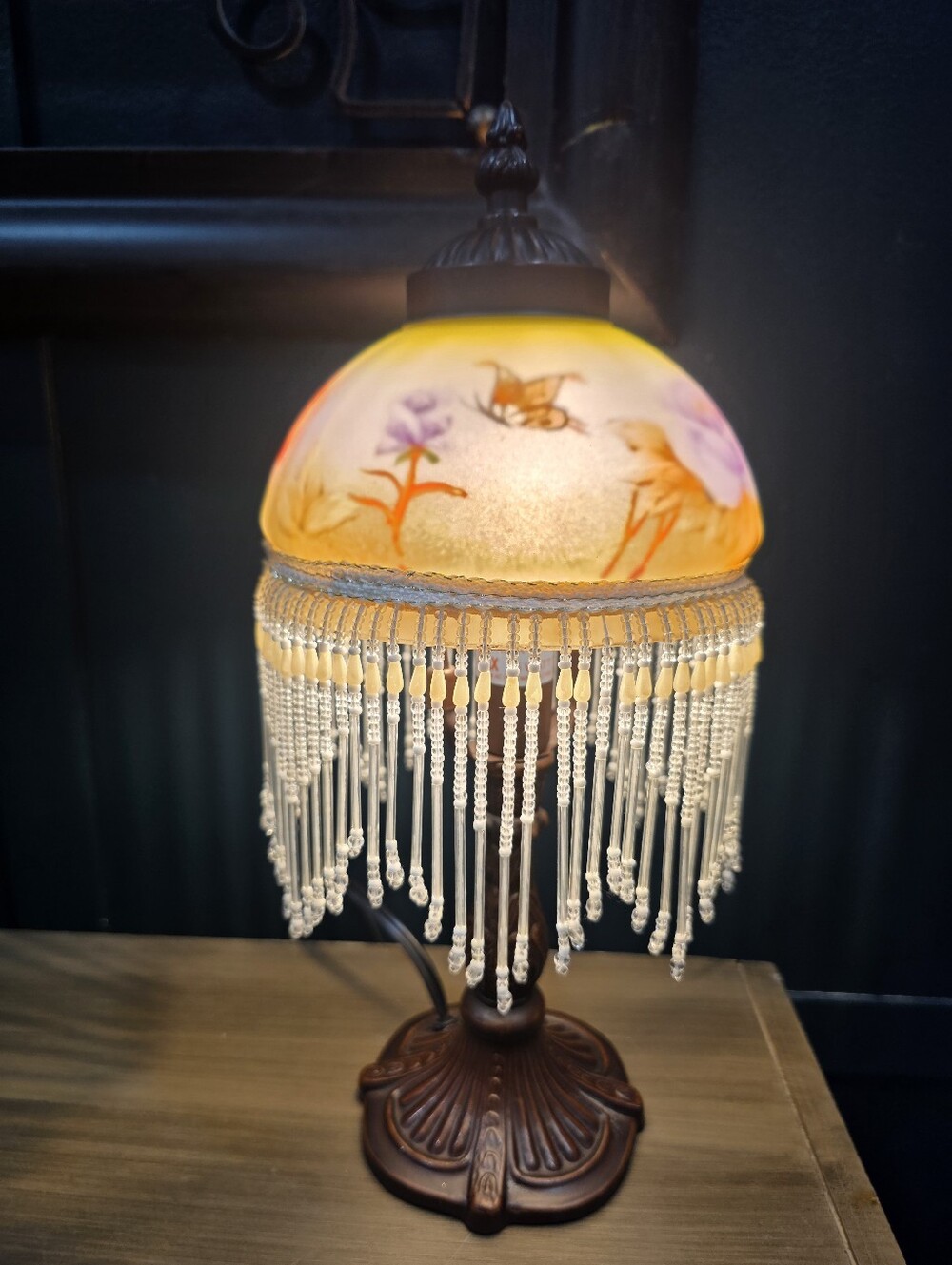 Victorian Style Beaded Fringe Frosted Dome Boudoir Small Mini Table Lamp 13'